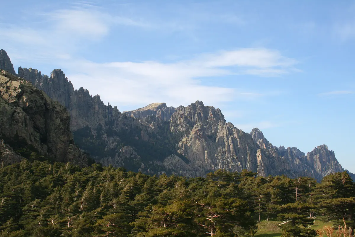 Les Aiguilles de Bavella : tours de granite déchiquetées se détachant sur le ciel, forêt de pins laricio au premier plan